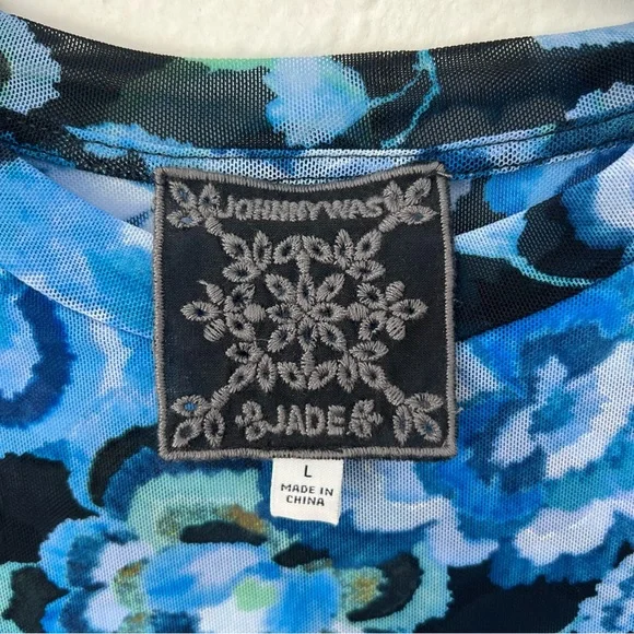 Johnny Was Blue Calanthe Mesh Top Allover Floral Print Stretchy Lg - Picture 7 of 9